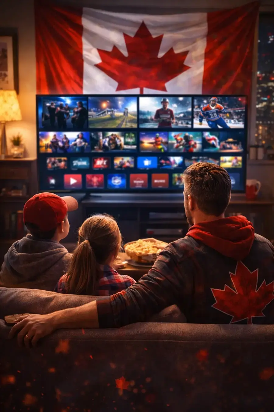 Canadian family enjoying IPTV Canada streaming service with stable HD/4K quality and 120,000+ channels on Smart TV
