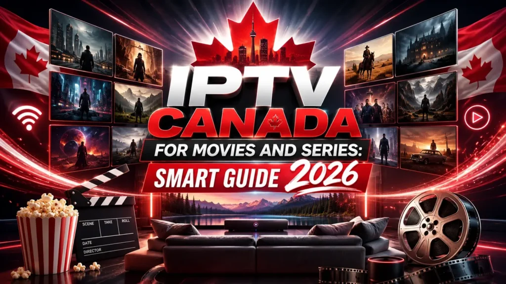 IPTV Canada for Movies and Series Smart Guide 2026 with cinematic streaming design, Canadian theme, movie screens, popcorn, film reel, and home entertainment setup
