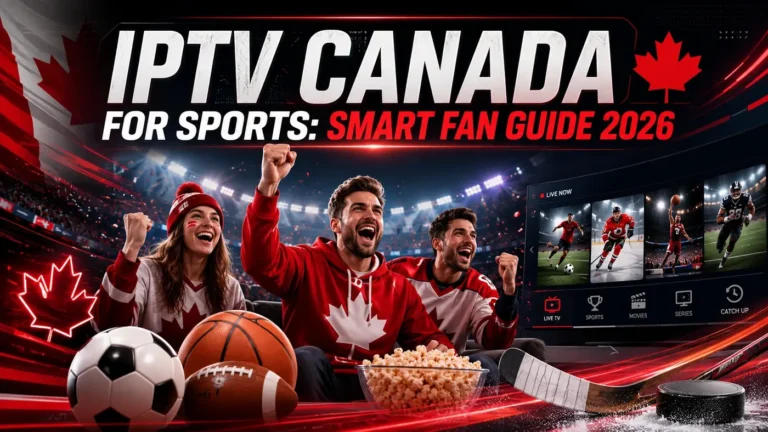 IPTV Canada for Sports Smart Fan Guide 2026 with Canadian sports fans, live streaming interface, hockey, soccer, basketball and football elements