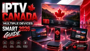 IPTV Canada Multiple Devices Smart 2026 Guide showing connected screens and streaming devices for watching IPTV on multiple devices in Canada.