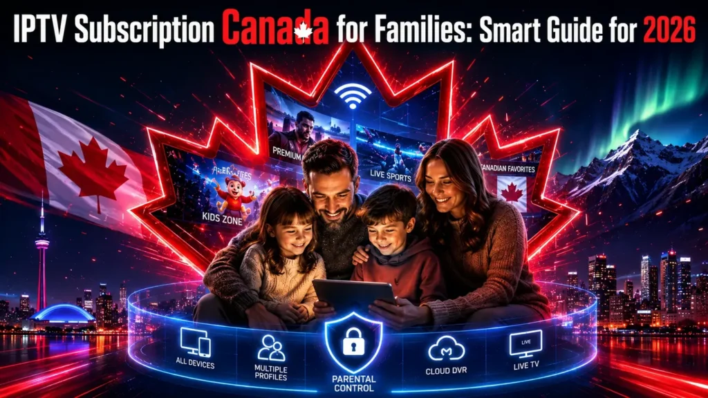 IPTV Subscription Canada for Families: Smart Guide for 2026 featured image with a happy family, Canadian flag, IPTV box, and entertainment icons