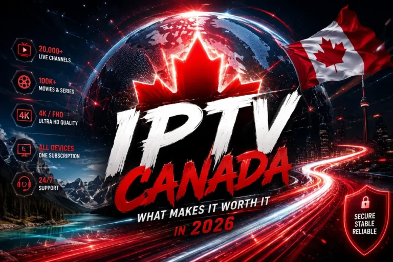 Premium IPTV Canada featured image with a futuristic red and black design, digital maple leaf, streaming icons, and Toronto skyline for 2026