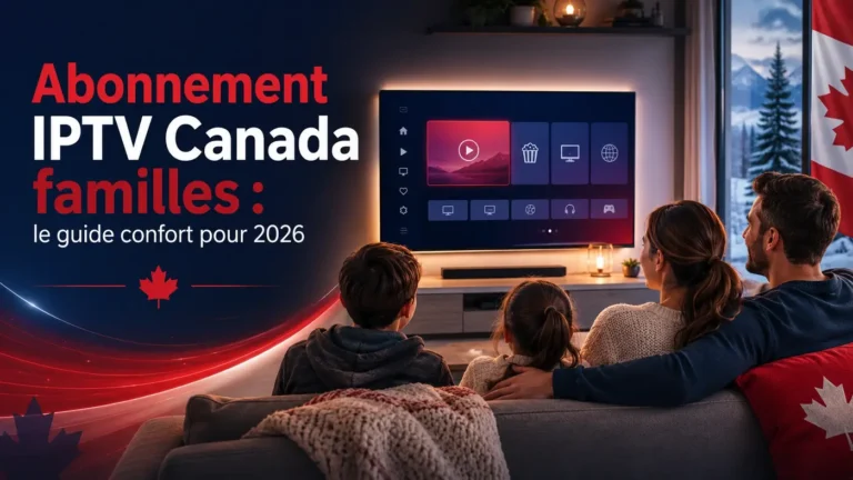 Abonnement IPTV Canada familles avec un foyer confortable regardant un service IPTV en 2026