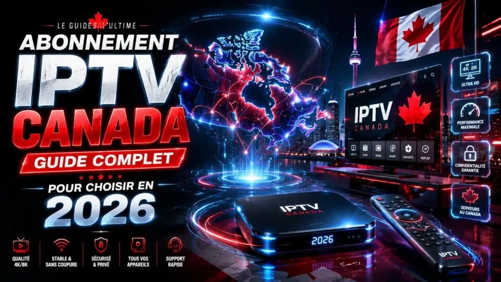 Image futuriste pour un guide complet sur l’abonnement IPTV Canada en 2026 avec carte du Canada, interface IPTV et effets technologiques.