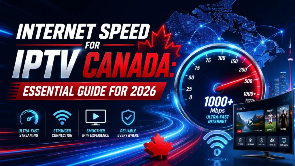Internet Speed for IPTV Canada Essential Guide for 2026 with a futuristic speedometer, Canada map, Wi-Fi signal, and IPTV streaming interface.