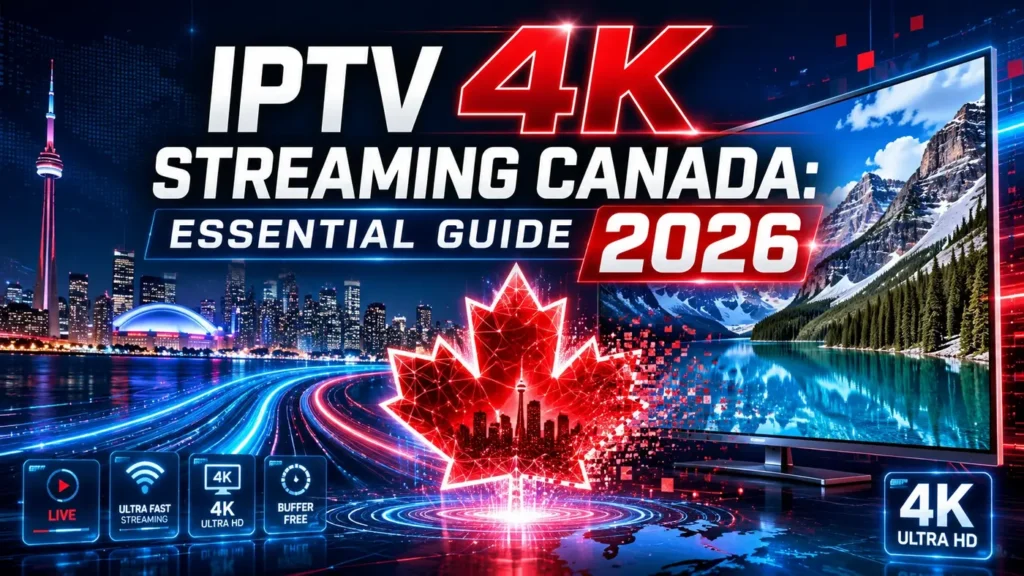 IPTV 4K Streaming Canada Essential Guide 2026 featured image with futuristic maple leaf, 4K screen, Canadian skyline, and ultra HD streaming visuals.