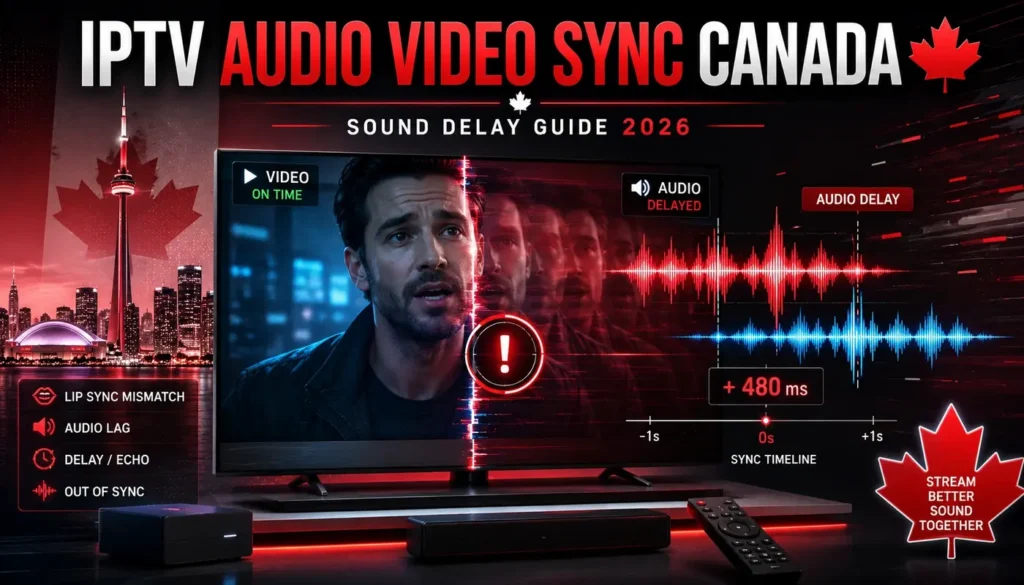 IPTV Audio Video Sync Canada guide showing sound delay, lip sync mismatch, audio lag, and waveform timing for better streaming in 2026.
