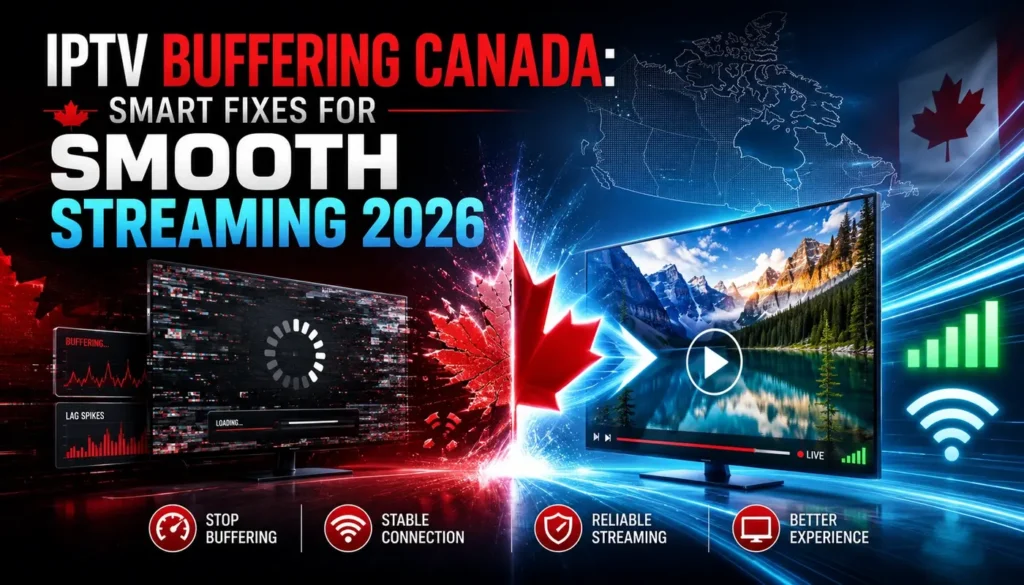 IPTV Buffering Canada guide showing smart fixes for smooth streaming in 2026 with stable connection and better performance visuals.