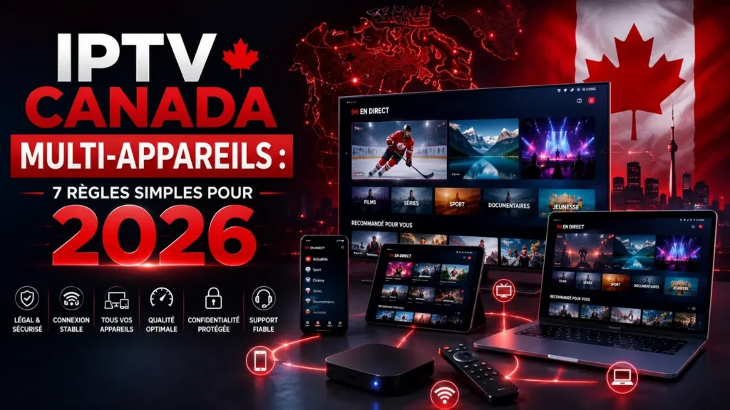 Image featured pour IPTV Canada multi-appareils avec plusieurs écrans connectés, guide 2026 et ambiance technologique canadienne.
