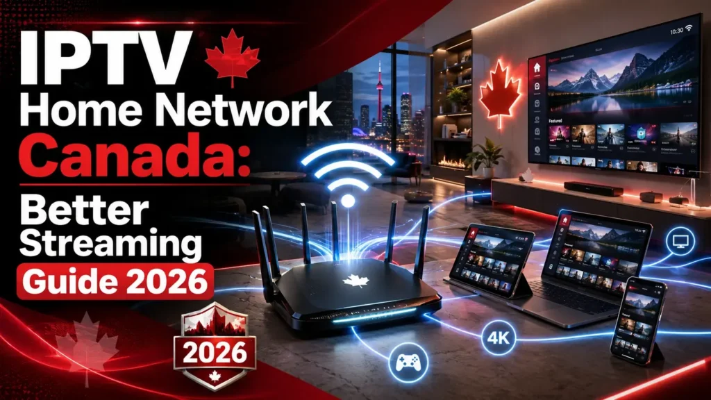 IPTV Home Network Canada Better Streaming Guide 2026 with a modern router, smart TV, and connected streaming devices for stable home streaming.