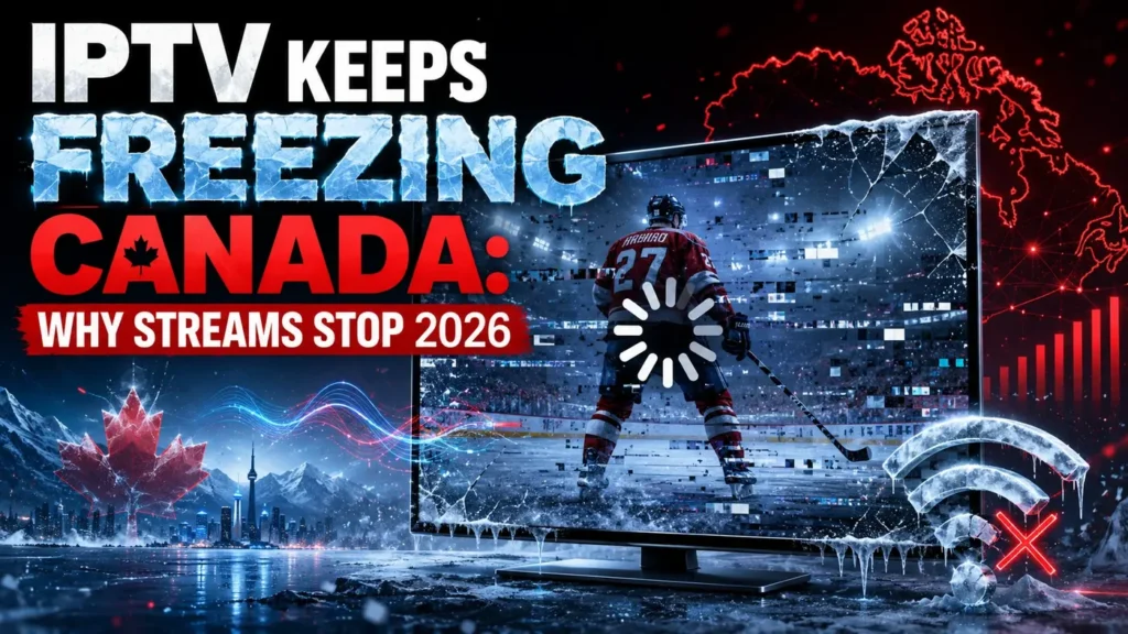 IPTV keeps freezing Canada image showing frozen streaming screen, buffering icon, icy WiFi signal, and digital glitches.