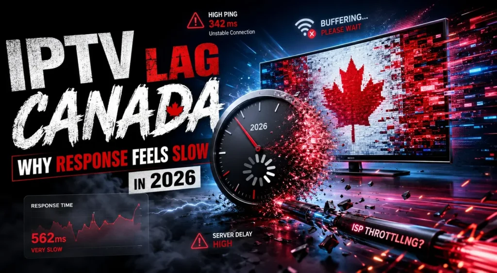 IPTV Lag Canada 2026 featured image showing slow response time, buffering, high ping, server delay, and unstable streaming connection.