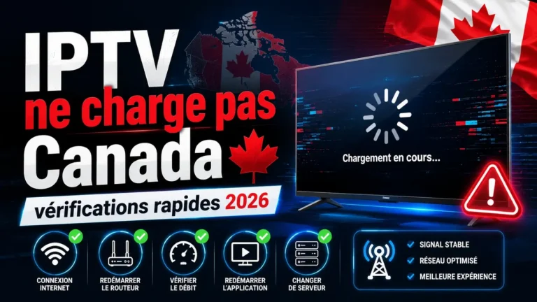 Image illustrant un problème IPTV qui ne charge pas au Canada avec écran de chargement, vérifications réseau, routeur, débit internet et serveur.