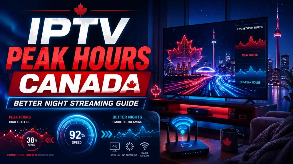 IPTV Peak Hours Canada night streaming guide with network traffic, WiFi router, speed charts, and Canadian city skyline.