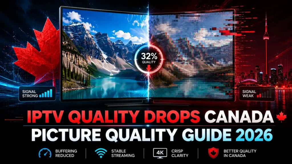 IPTV Quality Drops Canada picture quality guide 2026 showing a split screen with clear 4K streaming on one side and pixelated weak signal on the other.