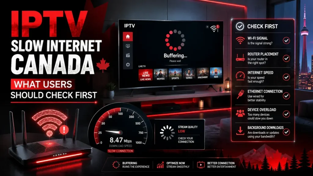 IPTV Slow Internet Canada checklist with router, buffering screen, speed test, WiFi signal, and internet connection checks.