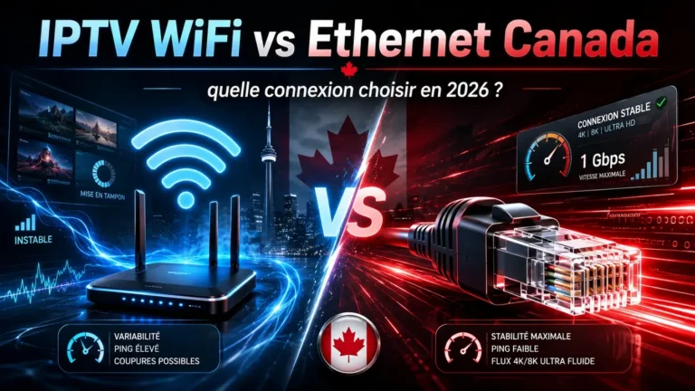 Image comparative IPTV WiFi vs Ethernet Canada montrant une connexion WiFi instable face à une connexion Ethernet plus stable pour choisir la meilleure option en 2026.