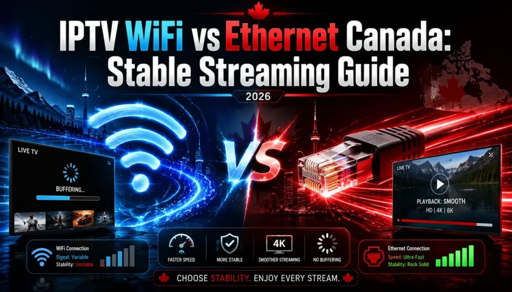 IPTV WiFi vs Ethernet Canada stable streaming guide comparing wireless and wired internet for smoother IPTV performance in 2026.