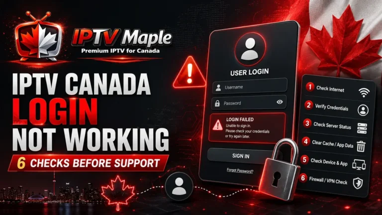 IPTV Canada login not working guide with IPTV Maple logo, login error screen, security lock, and 6 checks before contacting support.
