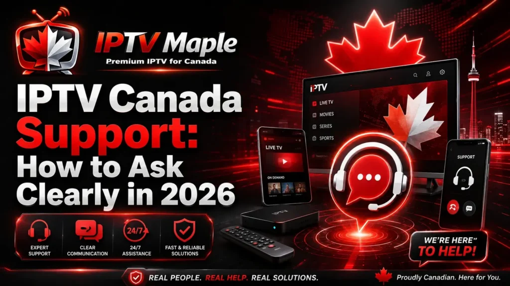 IPTV Canada Support guide showing clear customer assistance, chat help, IPTV devices, and Canadian maple leaf design for 2026.