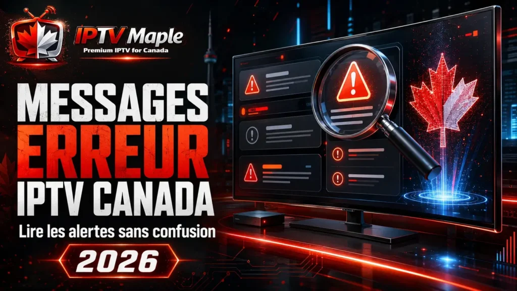 Messages erreur IPTV Canada avec alertes affichées sur un écran en 2026